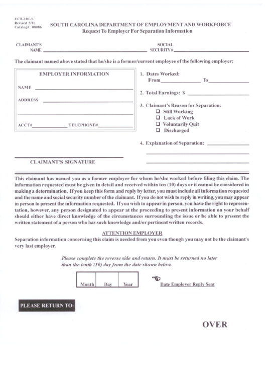 Form Ucb-101-S - Request To Employer For Separation Information Printable pdf