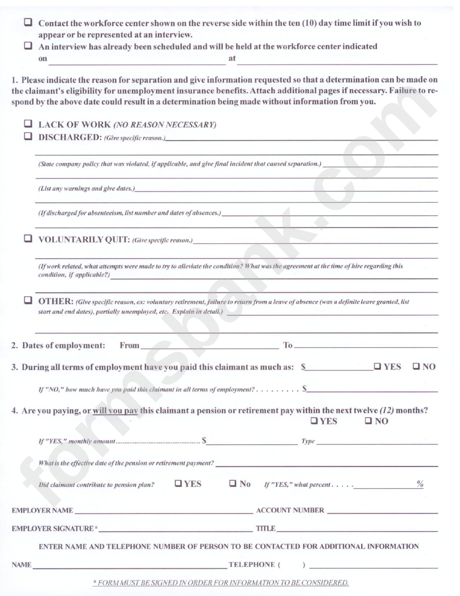 Form Ucb-101-S - Request To Employer For Separation Information