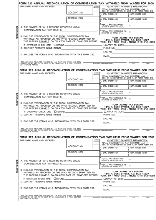 Form 322 - Annual Reconciliation Of Compenstaion Tax Withheld From Wages For 2009 Printable pdf