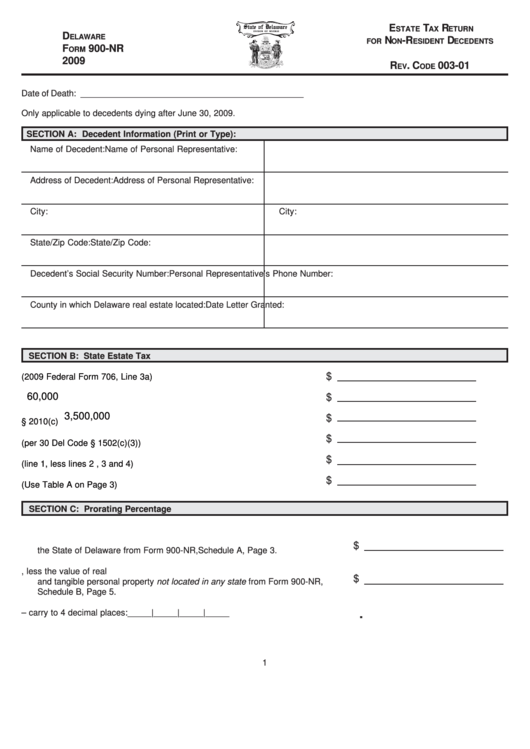 Fillable Form 900-Nr - Estate Tax Return For Non-Resident Decedents - 2009 Printable pdf