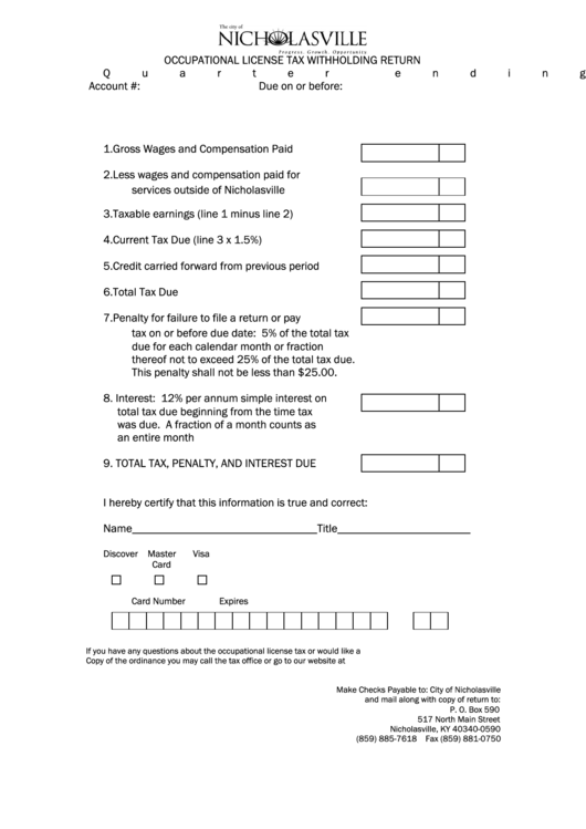 Occupational License Tax Withholding Return Printable pdf