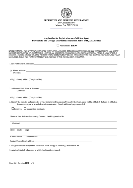 Form Sa-1 - Application For Registration As A Solicitor Agent Printable pdf