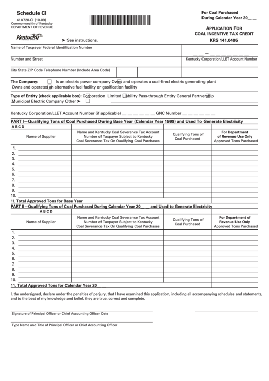 Form 41a720-Ci - Schedule Ci - Application For Coal Incentive Tax Credit - 2009 Printable pdf