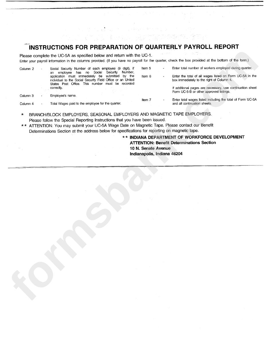 Form Uc-5a - Instructions For Preparation Of Quarterly Payroll Report