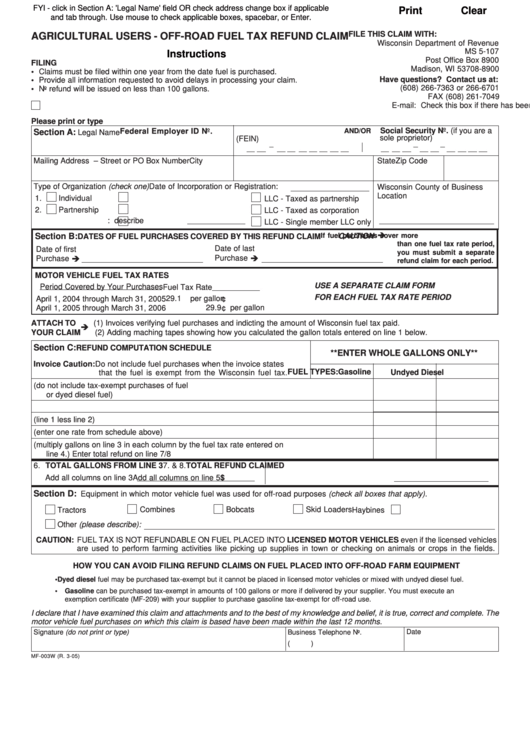 Fillable Form Mf-003w - Agricultural Users - Off-Road Fuel Tax Refund Claim Printable pdf