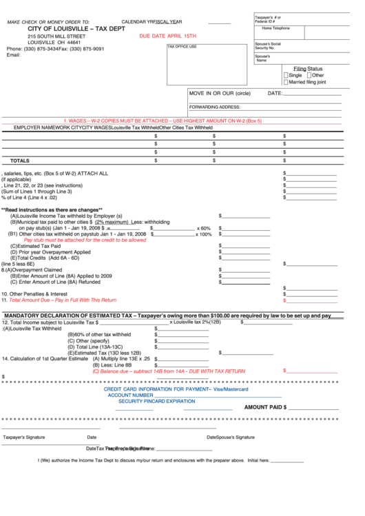 Ohio Tax Form - City Of Louisville - Tax Dept Printable pdf