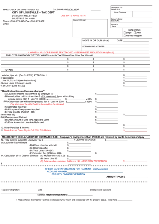 Ohio Tax Form - City Of Louisville - Tax Dept printable pdf download