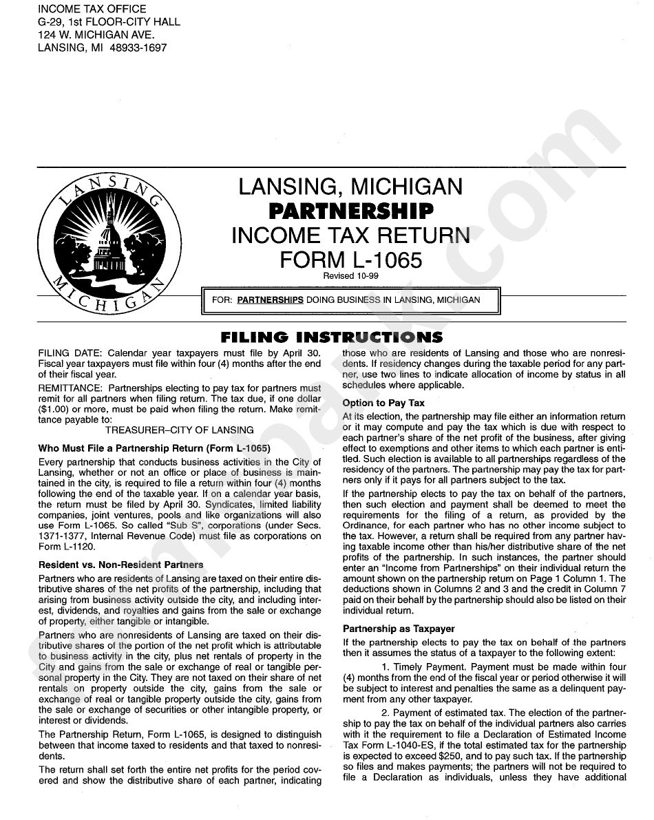 Instructions For Form L-1065 - Lansing, Michigan Partnership Income Tax Return