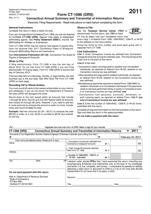 Form Ct-1096 (Drs)- Connecticut Annual Summary And Transmittal Of Information Returns - 2011 Printable pdf