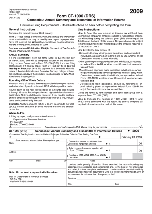 Form Ct-1096 (Drs) - Connecticut Annual Summary And Transmittal Of Information Returns - 2009 Printable pdf