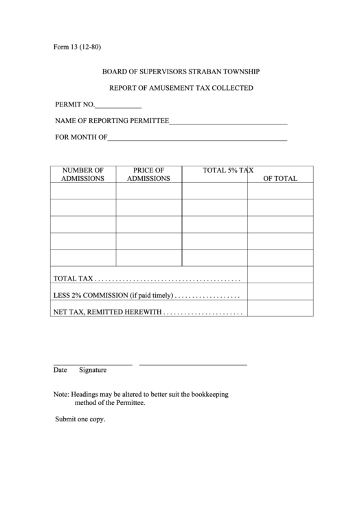 Form 13 - Report Of Amusement Tax Collected Printable pdf