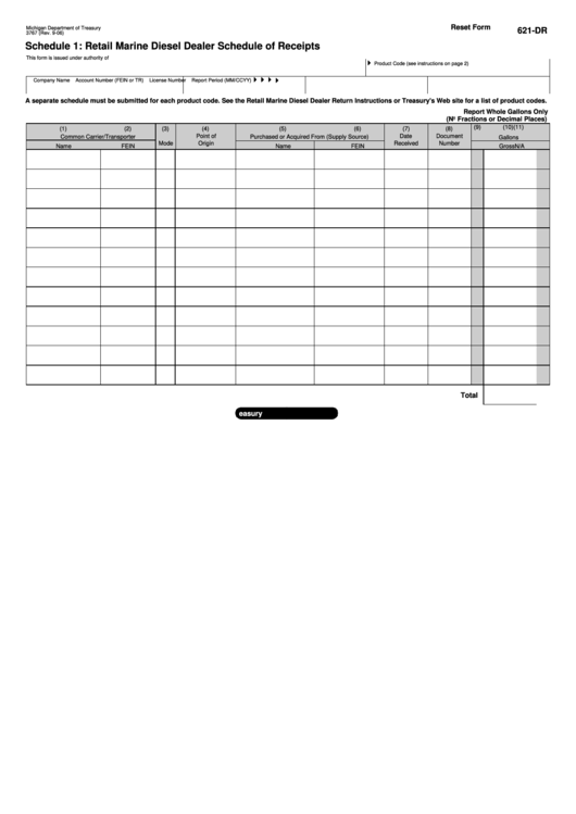 Fillable Form 621-Dr - Schedule 1: Retail Marine Diesel Dealer Schedule Of Receipts Printable pdf