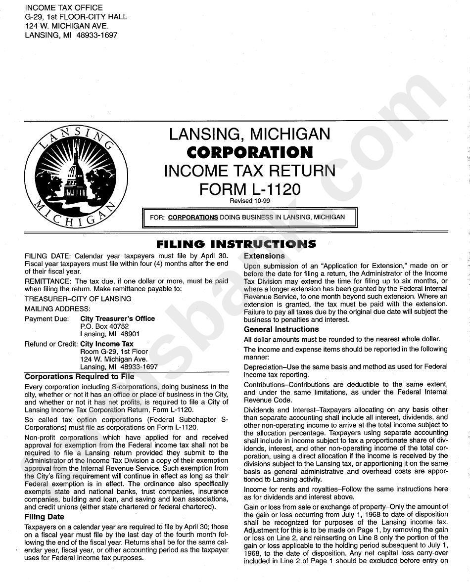 Instructions For Form L-1120 - Lansing, Michigan Corporation Income Tax Return