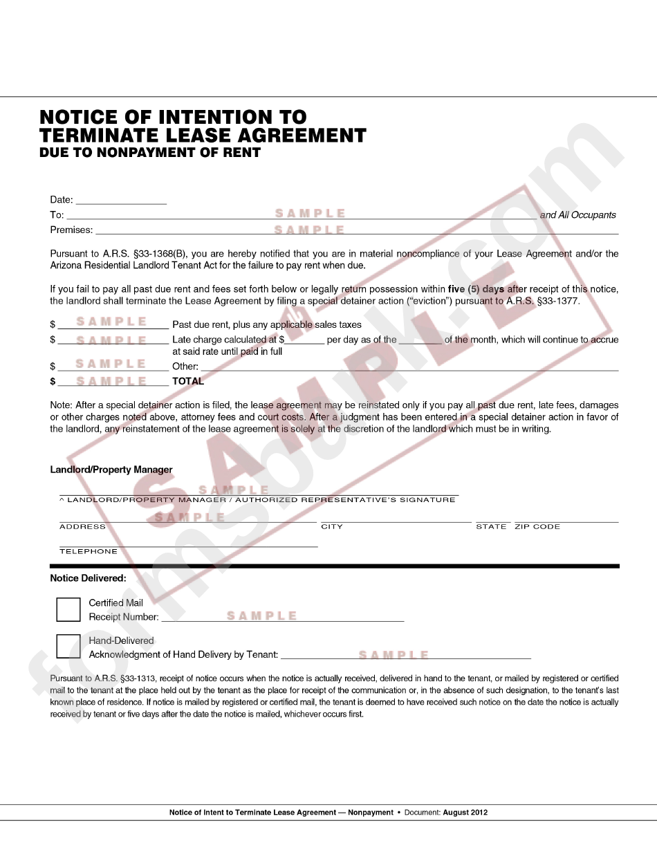 Notice Of Intention To Terminate Lease Agreement Due To Nonpayment Of Rent Form