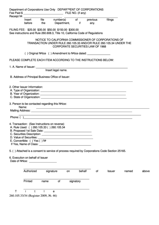 Form 260.105.33/34 - Notice To California Commissioner Of Corporations Of Transaction Printable pdf