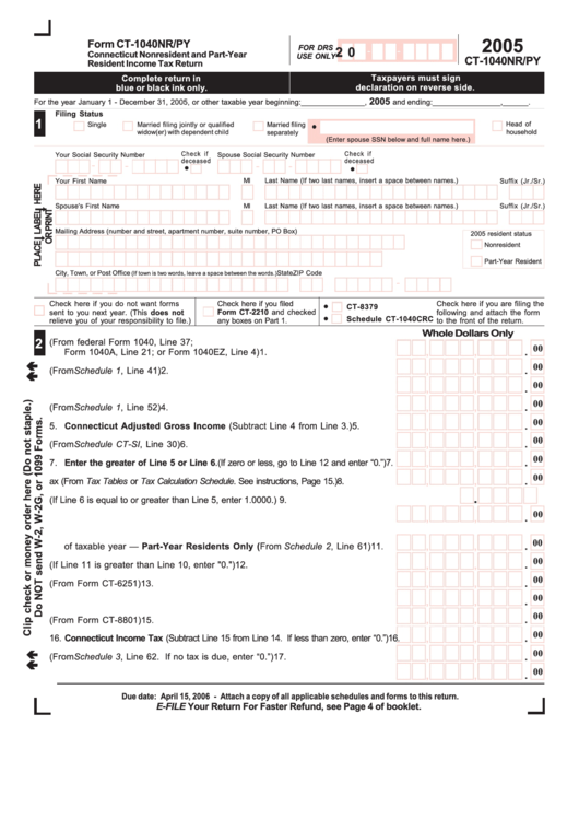 Form Ct-1040nr/py - Connecticut Nonresident And Part-Year Resident Income Tax Return - 2005 Printable pdf