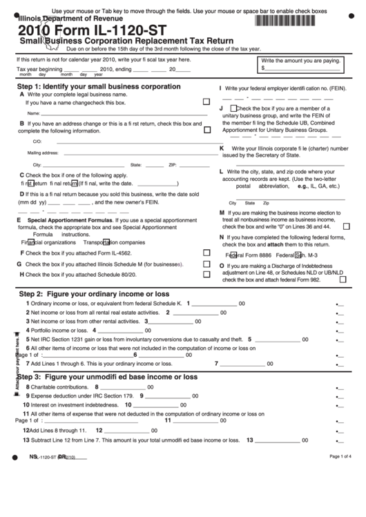 Fillable Form Il-1120-St - Small Business Corporation Replacement Tax Return 2010 Printable pdf