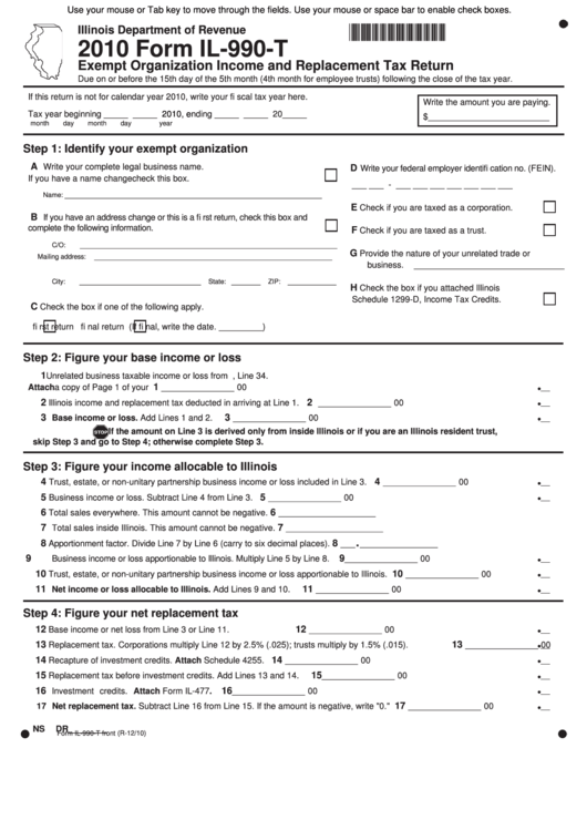 Fillable Form Il-990-T - Exempt Organization Income And Replacement Tax Return - 2010 Printable pdf