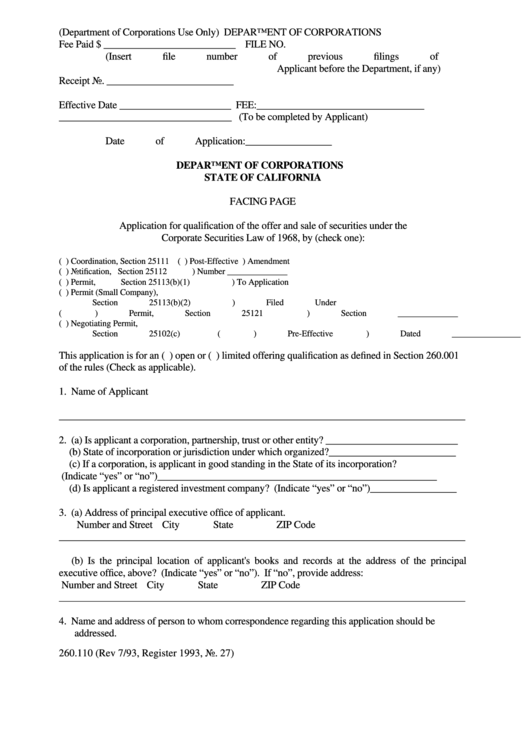 Form 260.110 - Application For Qualification Of The Offer And Sale Of Securities Printable pdf