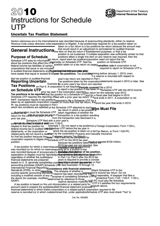 Instructions For Schedule Utp - Uncertain Tax Position Statement - Internal Revenue Service - 2010 Printable pdf