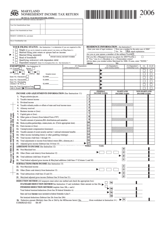 Fillable Form 505 - Maryland Nonresident Income Tax Return - 2006 Printable pdf