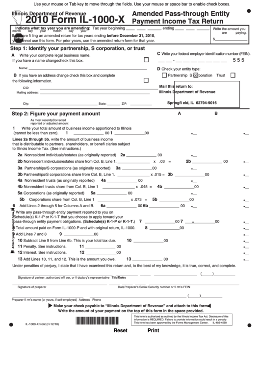 Fillable Form Il-1000-X - Amended Pass-Through Entity Payment Income Tax Return 2010 Printable pdf