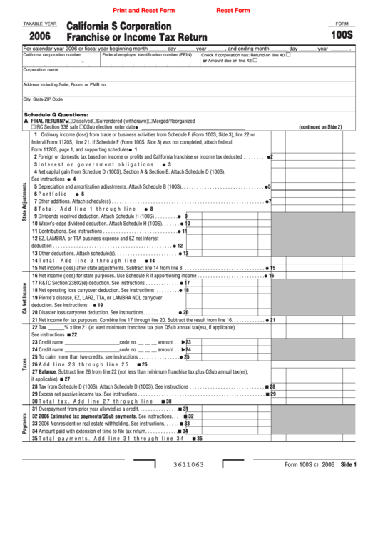 Fillable Form 100s - California S Corporation Franchise Or Income Tax Return - 2006 Printable pdf