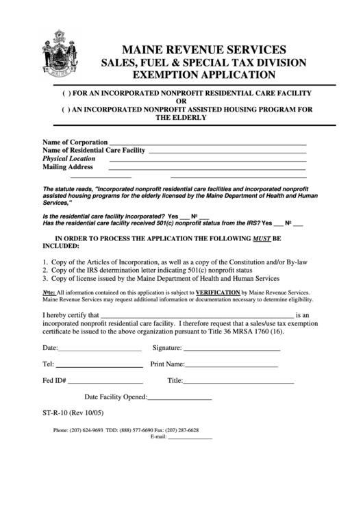 Form St-R-10 - Incorporated Nonprofrit Residential Care Facility Printable pdf