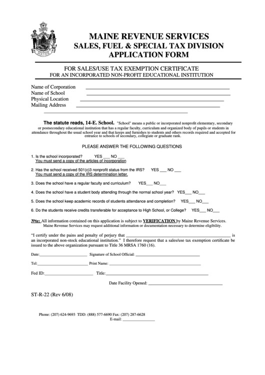 Form St-R-22 - For Sales/use Tax Exemption Certificate Printable pdf