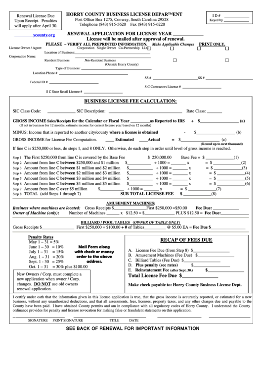 Renewal Business License Application - Horry County Business License Department Printable pdf