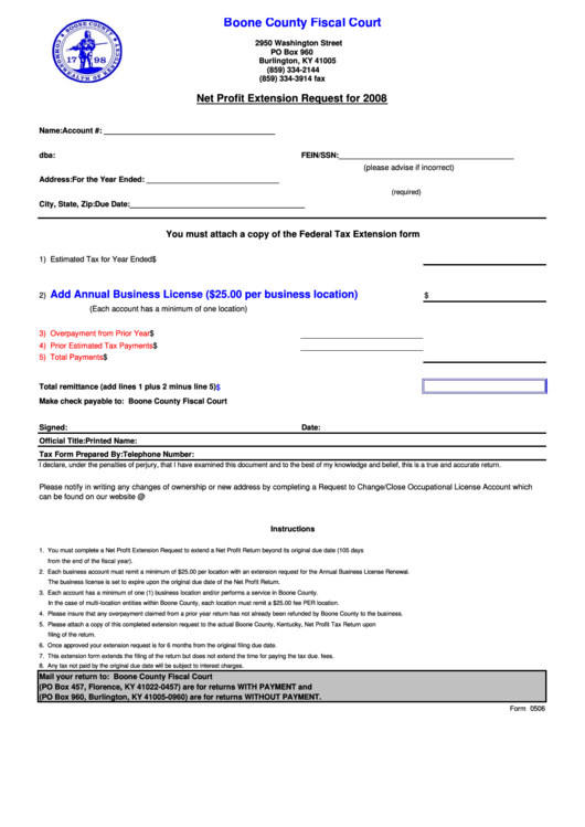 Form 0506 - Net Profit Extension Request - Boone County Fiscal Court - 2008 Printable pdf