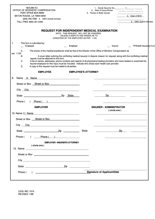 Fillable Form Ldol-Wc 1015 - Request For Independent Medical Examination Printable pdf