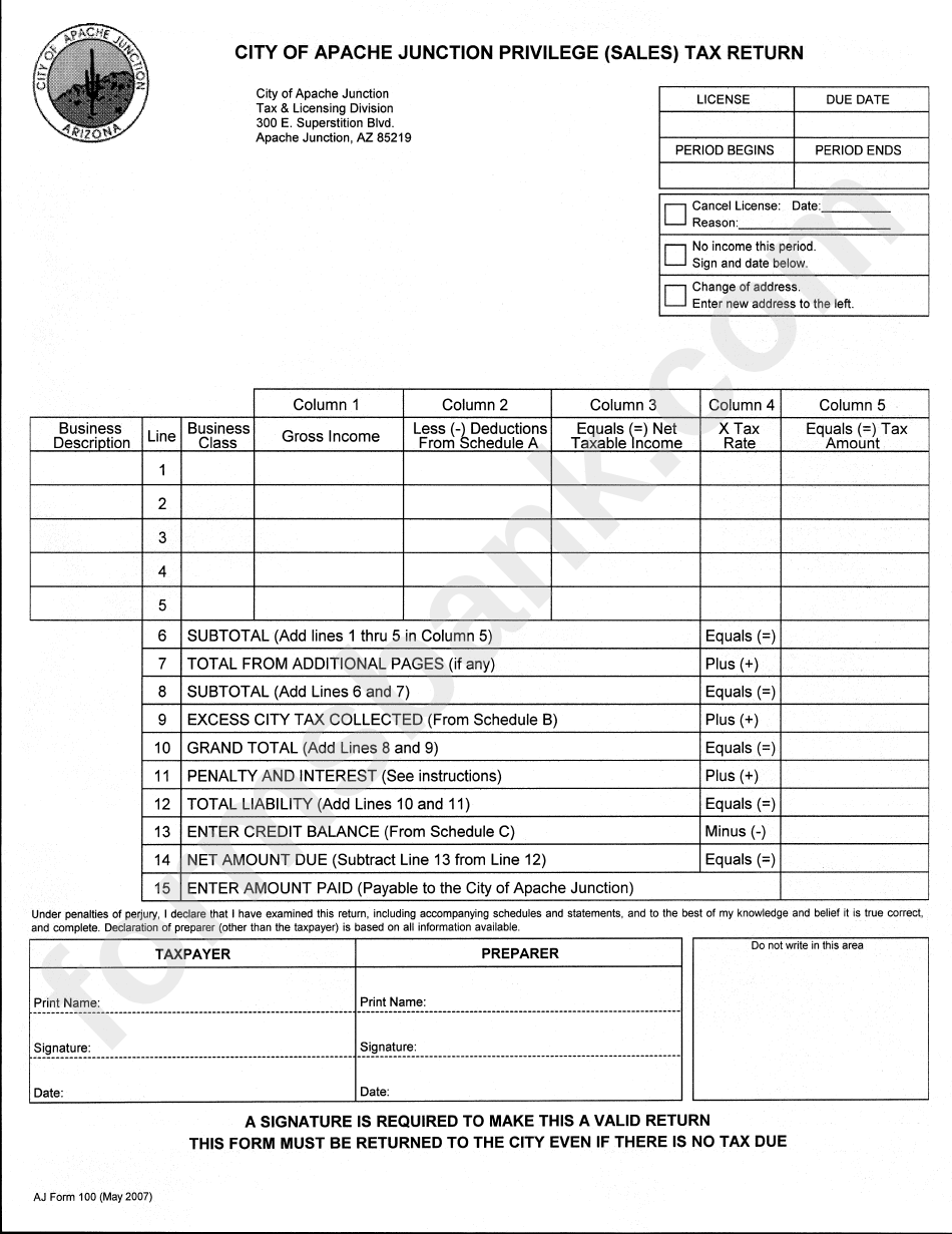 Aj Form 100 - City Of Apache Junction Privilege (Sales) Tax Return - (May 2007)