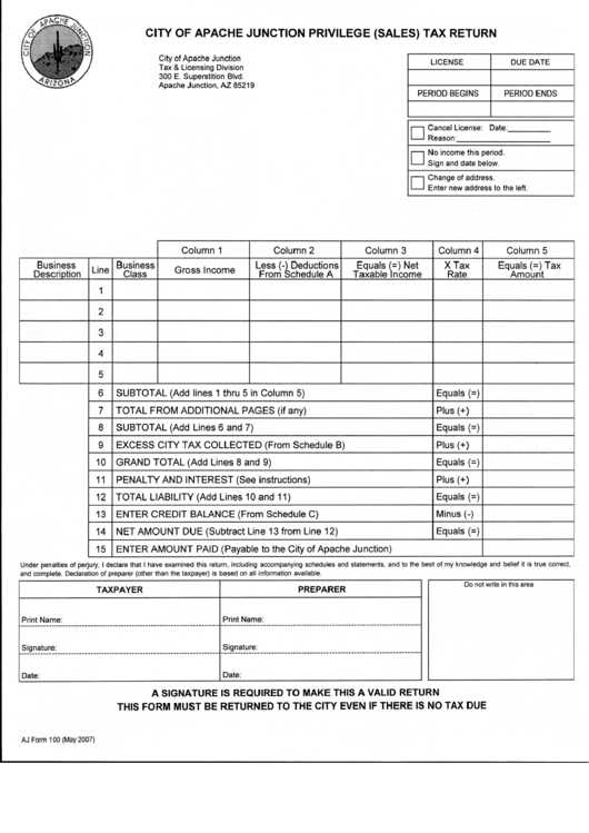 Aj Form 100 - City Of Apache Junction Privilege (Sales) Tax Return - (May 2007) Printable pdf