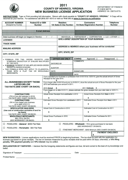 New Bussiness License Application Form - 2011 Printable pdf