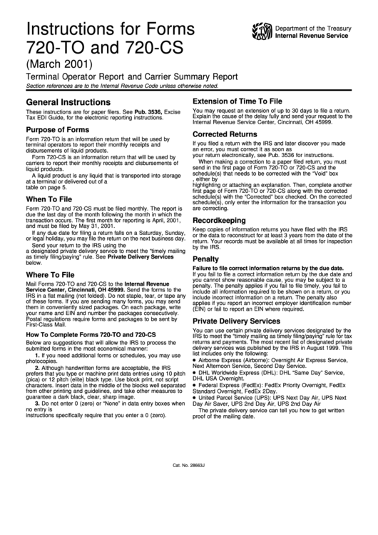 Instructions For Forms 720-To And 720-Cs - (March 2001) Printable pdf
