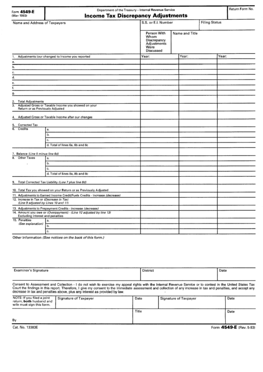 Form 4549-E - Income Tax Discrepancy Adjustments 1993 Printable pdf