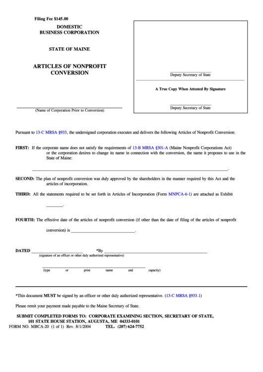 Fillable Form Mbca-20 - Articles Of Nonprofit Conversion 2004 Printable pdf