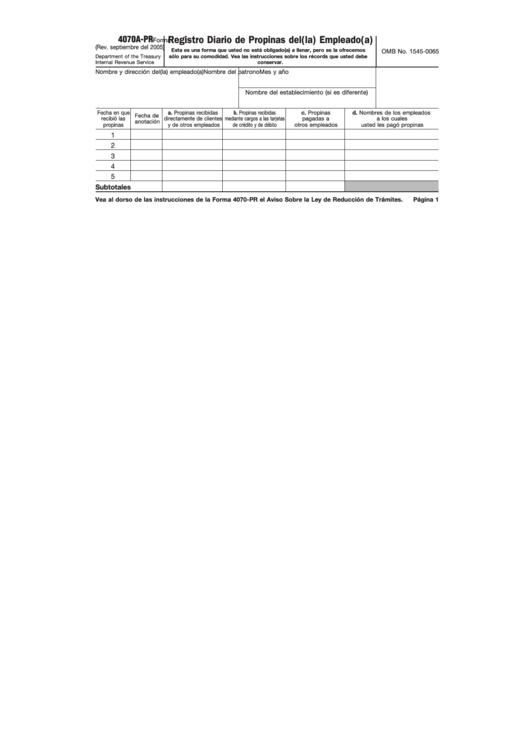 Fillable Form 4070a-Pr - Registro Diario De Propinas Del(La) Empleado(A) 2005 Printable pdf