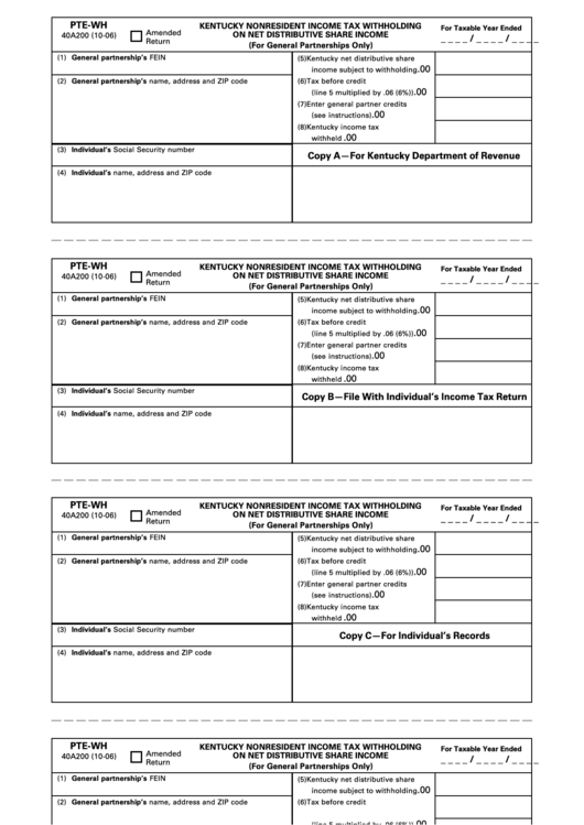 Form Pte-Wh - Nonresident Income Tax Withholding On Net Distriburive Share Income Printable pdf