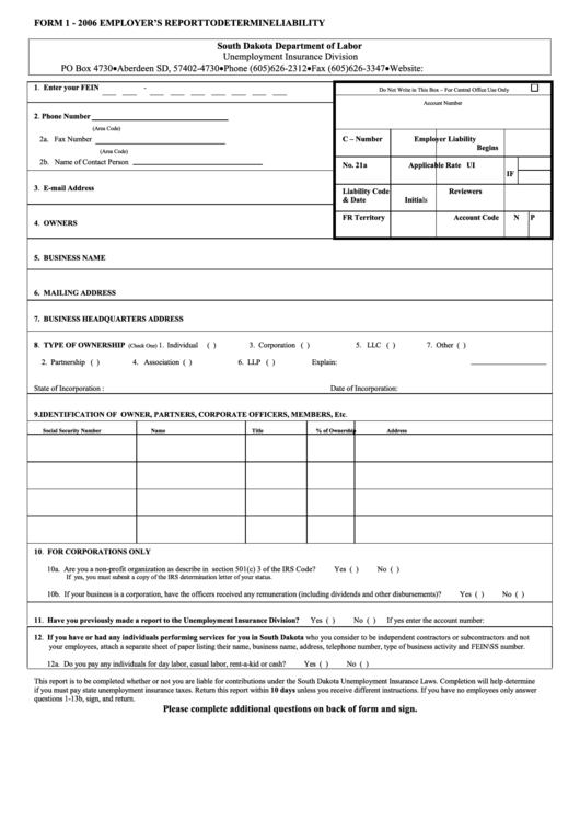 Fillable Form 1 - 2006 Employer