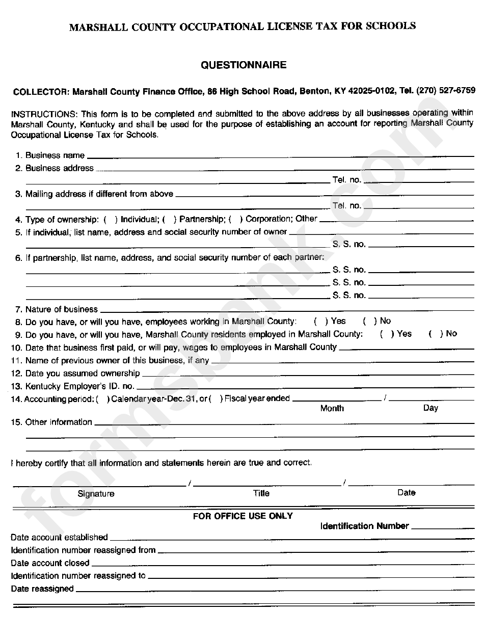 Marshall County Occupational License Tax For Schools Questionnaire