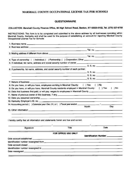 Marshall County Occupational License Tax For Schools Questionnaire Printable pdf