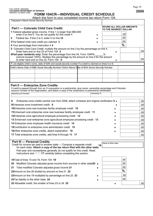 Form 104cr - Individual Credit Schedule - 2009 Printable pdf