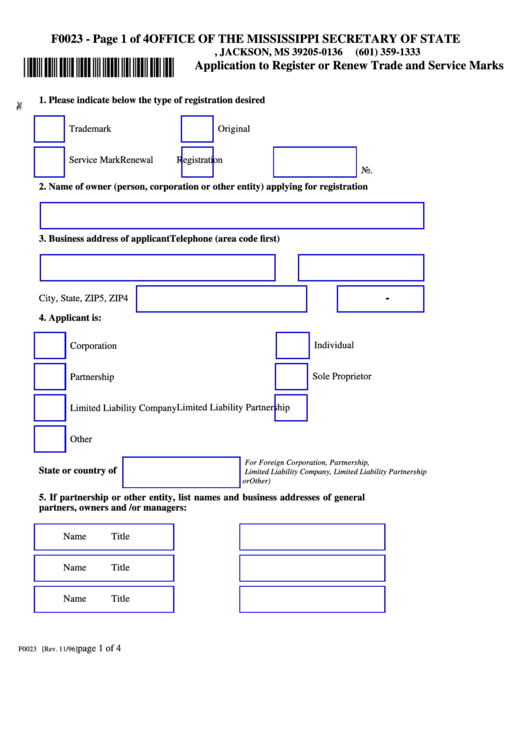 Fillable Form F0023 - Application To Register Or Renew Trade And Service Marks 1996 Printable pdf