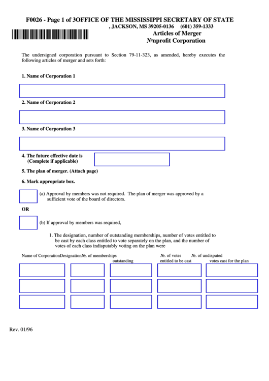 Fillable Form F0026 - Articles Of Merger Nonprofit Corporation 1996 Printable pdf