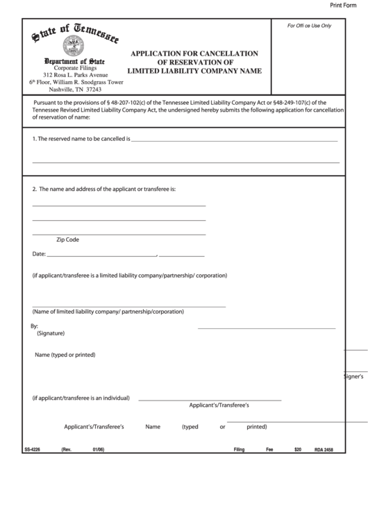 Fillable Form Ss-4226 - Application For Cancellation Of Reservation Of Limited Liability Company Name Printable pdf
