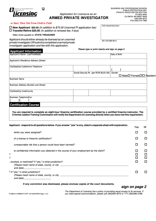 Fillable Form Pi-689-014 Armed Pi App - Application For Licensure As An Armed Private Investigator 2000 Printable pdf