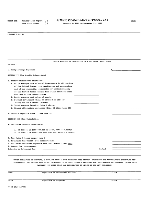 Form T-86 - Rhode Island Bank Deposits Tax 2006 Printable pdf