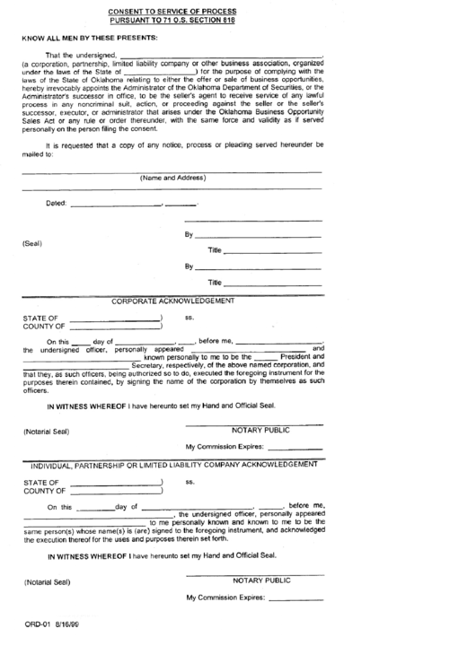 Form Odr-01 - Consent To Service Of Process Pursuant To 71 O.s Section 818 Printable pdf